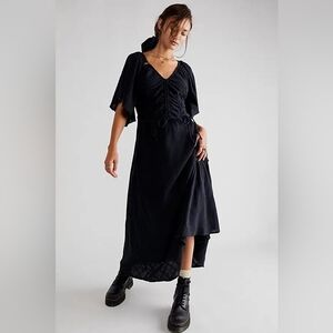 Free People Xl Ruched Washed Black Cinched Dress Pockets Goth Witchy